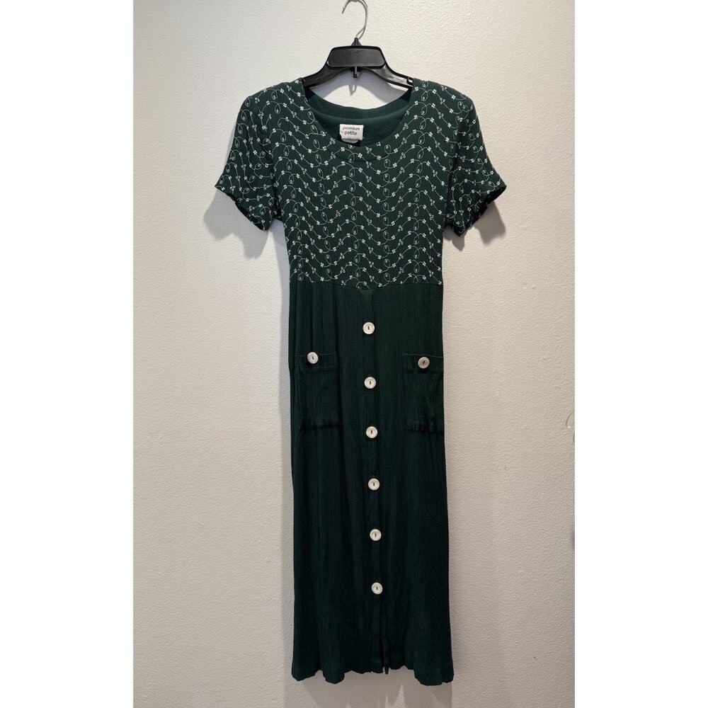 Vintage Promises‎ Petite Dress 90s Green Embroidered Crinkled Cottagecore Modest